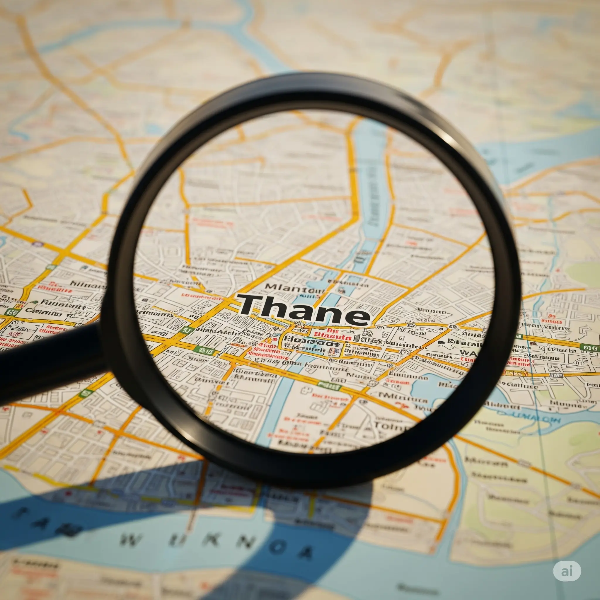 Magnifying glass over a map of Thane, symbolizing local search and visibility