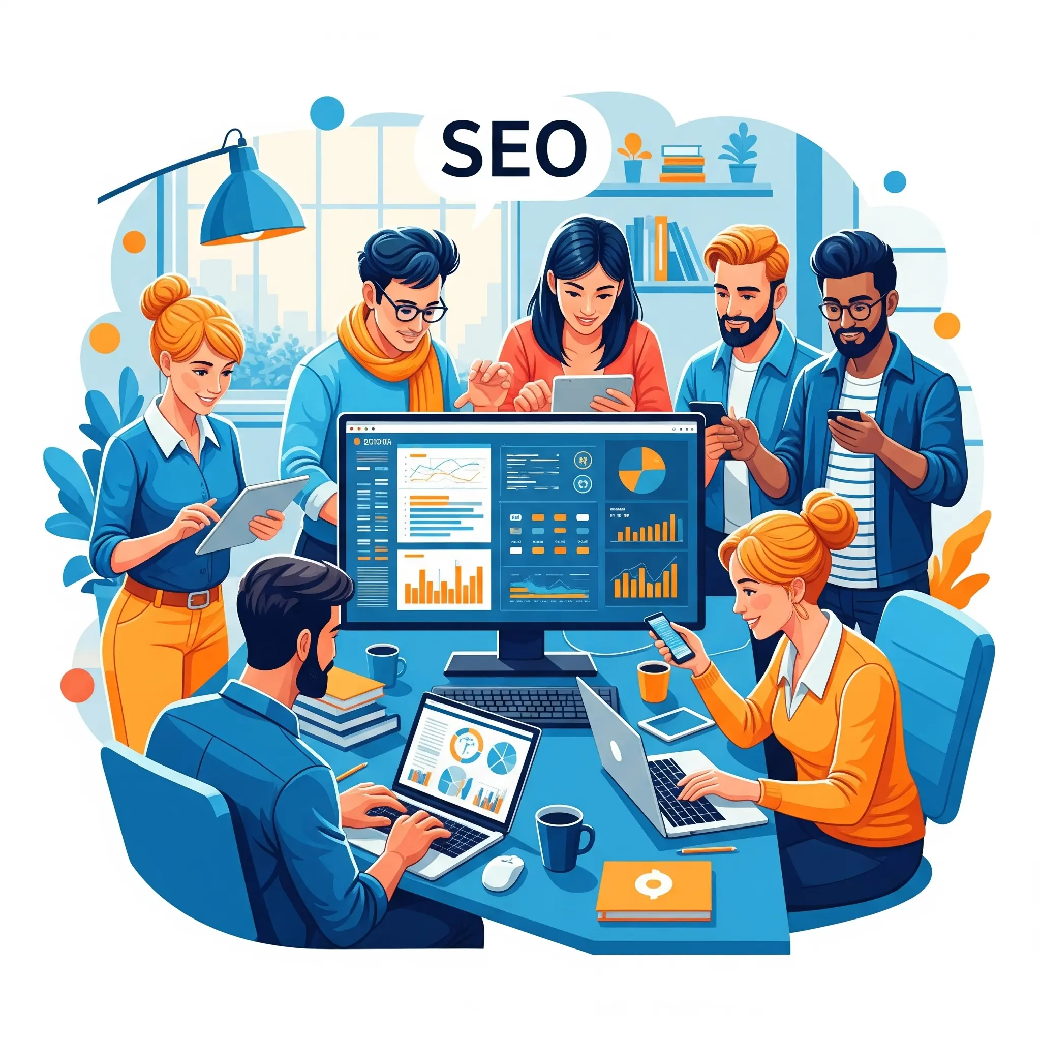 A team collaboratively working on various SEO services like keyword research, content, and local optimization.